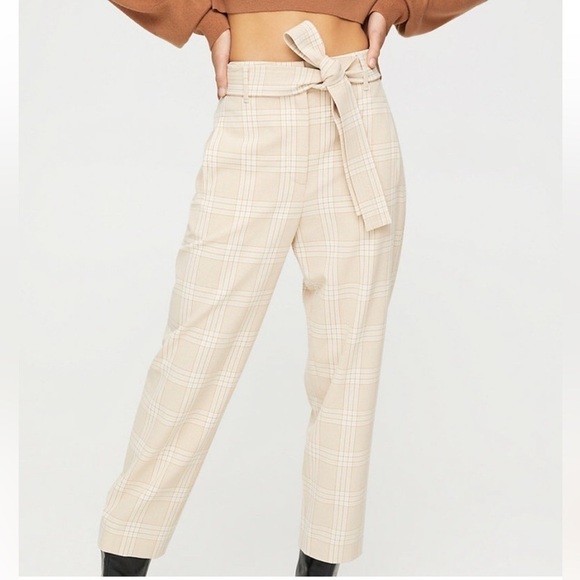 Wilfred tie front pants in beige/espresso glen plaid - size 10 - Picture 5 of 10